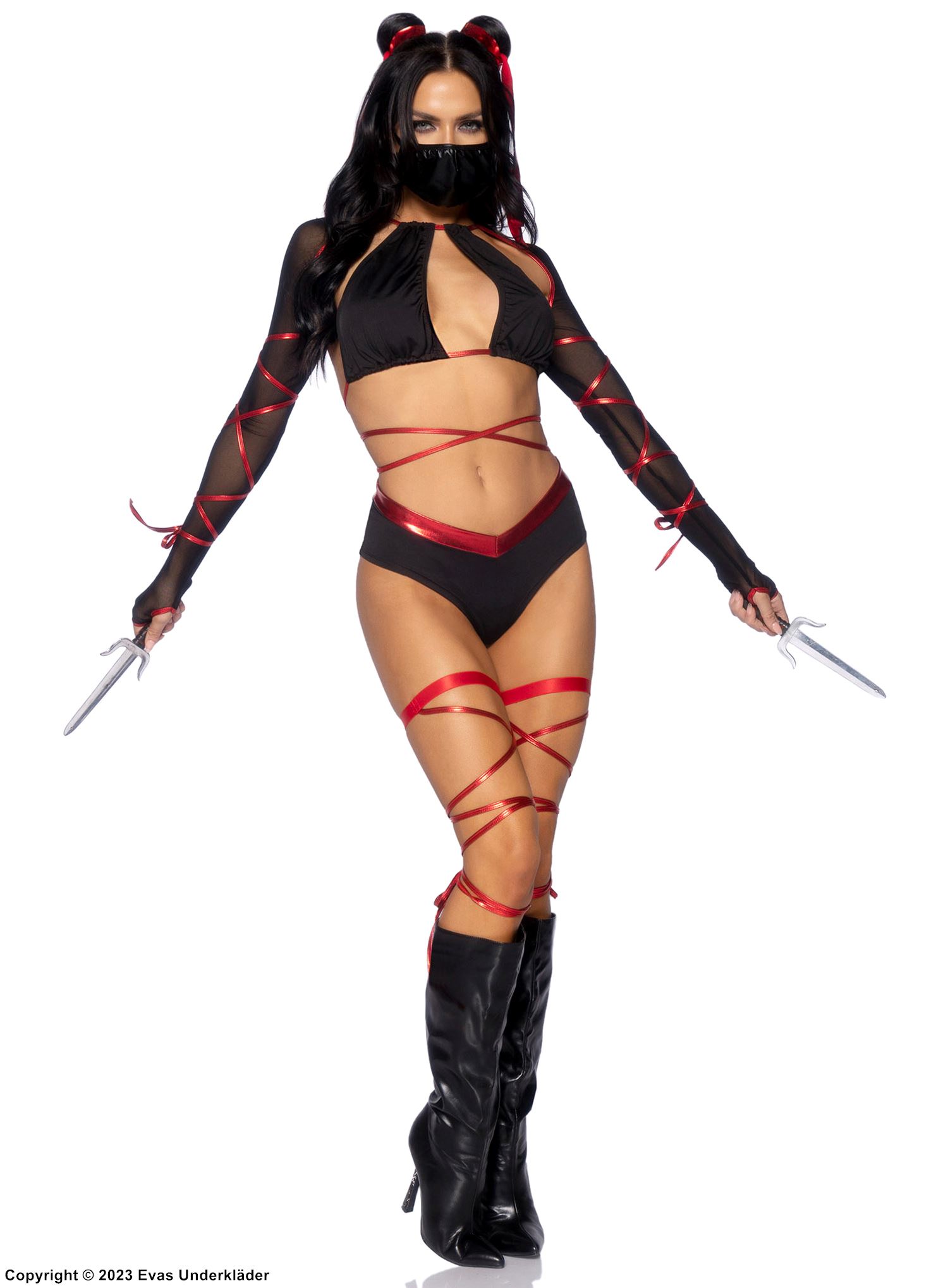 Kvinnlig ninja (aka kunoichi), maskeradunderkläder i mesh med korslagda band